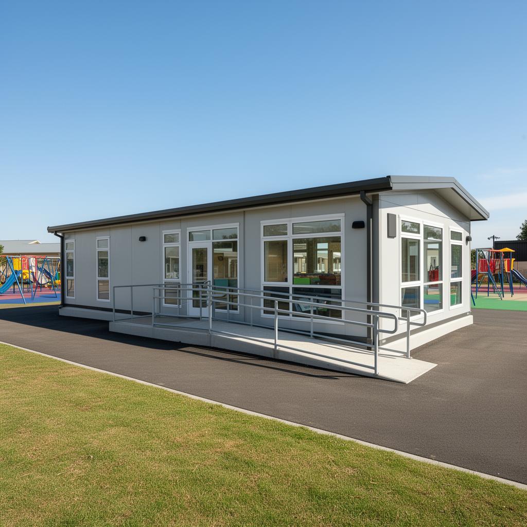Two-storey prefab modular home with floor-to-ceiling glazing and roof terrace