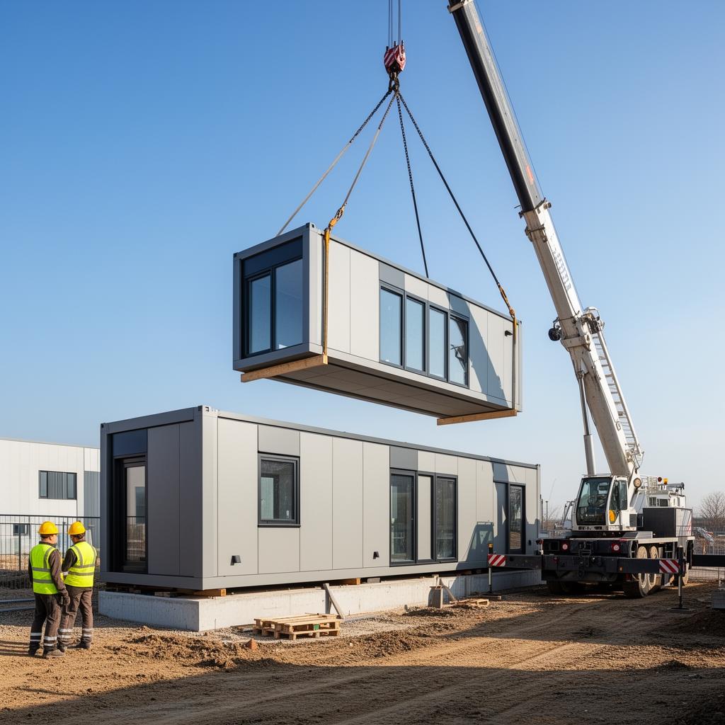 Compact dark-clad modular garden office at dusk